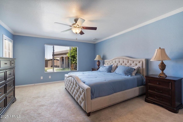 1670 E Whitten St, Chandler, AZ 85225 - bedroom with crown molding, light colored carpet, a ceiling fan, and baseboards