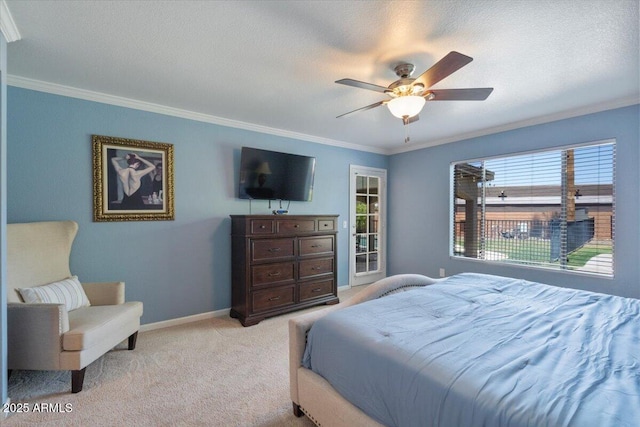 1670 E Whitten St, Chandler, AZ 85225 - bedroom with crown molding, light carpet, baseboards, a ceiling fan, and a textured ceiling