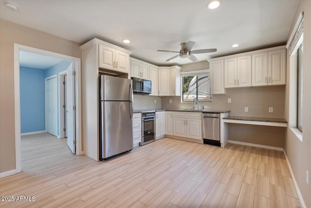 1670 E Whitten St, Chandler, AZ 85225 - kitchen featuring appliances with stainless steel finishes, a ceiling fan, baseboards, light wood finished floors, and recessed lighting