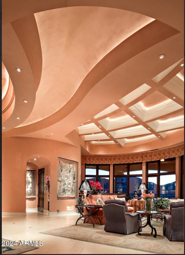9808 E Honey Mesquite Dr, Scottsdale, AZ 85262 - building lobby with beamed ceiling, recessed lighting, coffered ceiling, and a high ceiling