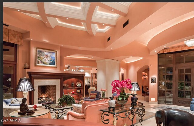 9808 E Honey Mesquite Dr, Scottsdale, AZ 85262 - living room featuring arched walkways, recessed lighting, coffered ceiling, a high ceiling, and beamed ceiling