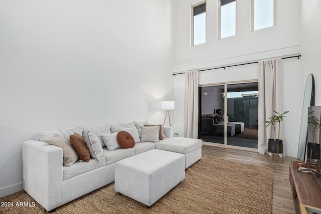 living room with hardwood / wood-style floors and a high ceiling