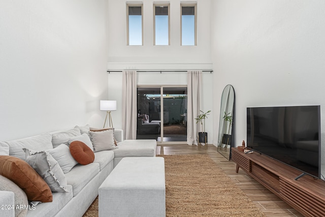 living room with hardwood / wood-style floors and a high ceiling