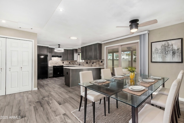 dining area with sink, light hardwood / wood-style flooring, and ceiling fan