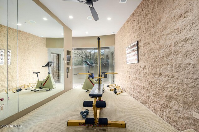 workout room featuring carpet flooring and ceiling fan