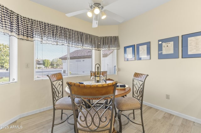 dining room with ceiling fan and light wood-type flooring