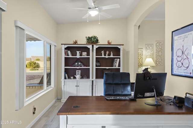 office space featuring ceiling fan and light wood-type flooring