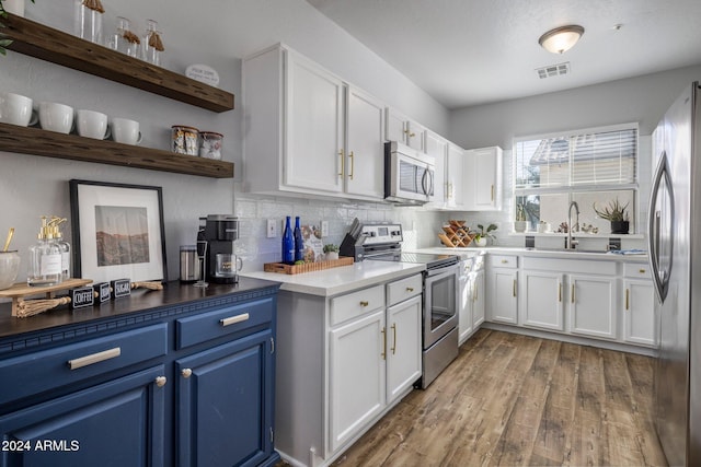 kitchen featuring wood-type flooring, sink, white cabinetry, blue cabinetry, and stainless steel appliances