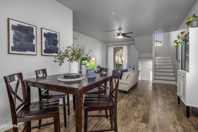 dining area with ceiling fan and hardwood / wood-style floors