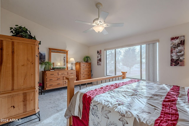 bedroom with carpet floors, access to outside, ceiling fan, and lofted ceiling