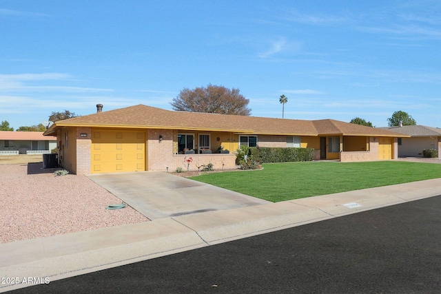 single story home featuring central AC and a front lawn