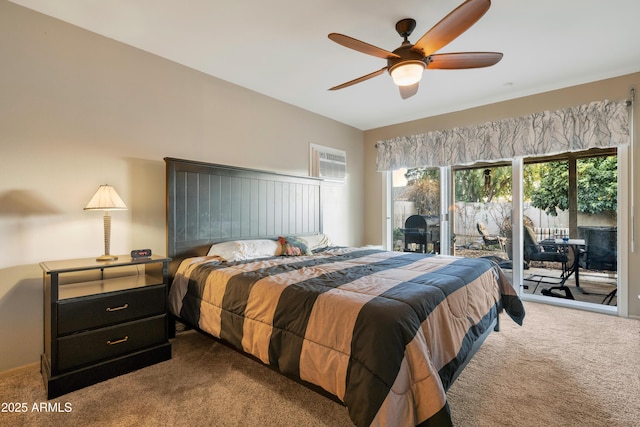 bedroom featuring ceiling fan, access to exterior, and carpet floors