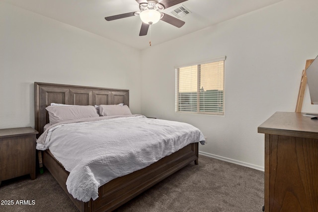 carpeted bedroom featuring baseboards, visible vents, and a ceiling fan