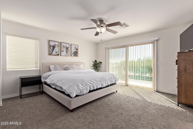 bedroom featuring visible vents, a ceiling fan, carpet flooring, access to outside, and baseboards