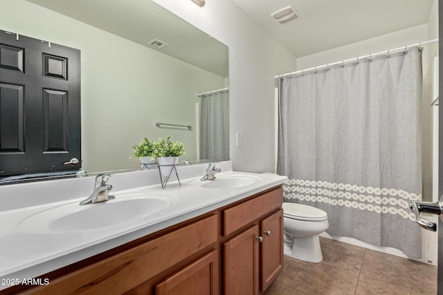 full bath with toilet, tile patterned flooring, visible vents, and a sink