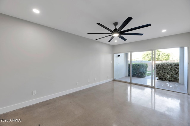 unfurnished room with recessed lighting, baseboards, concrete flooring, and ceiling fan