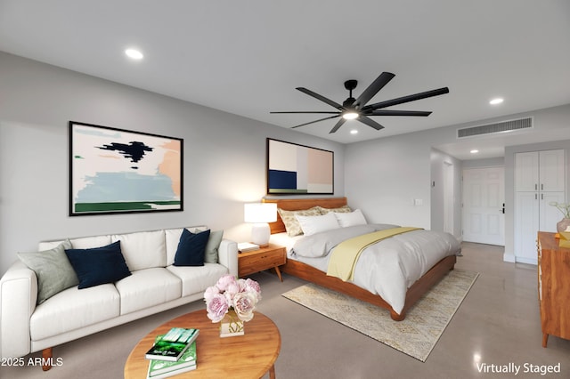 bedroom featuring recessed lighting, visible vents, finished concrete flooring, and a ceiling fan