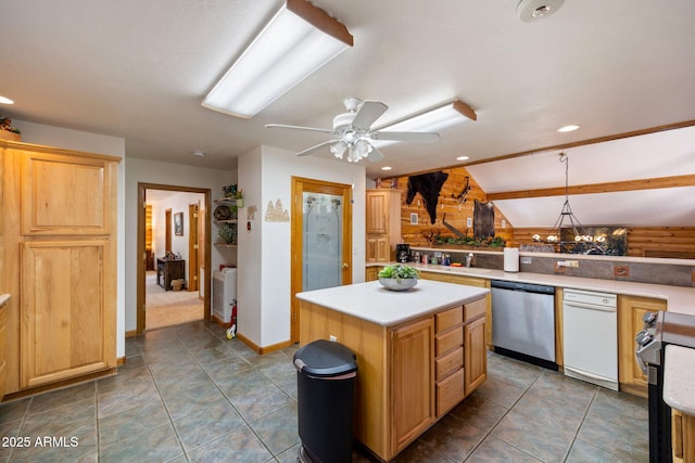 2 Acr 1027 Rd, Greer, AZ 85927 - kitchen with stainless steel appliances, light countertops, a kitchen island, lofted ceiling, and ceiling fan