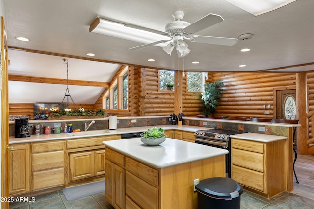 2 Acr 1027 Rd, Greer, AZ 85927 - kitchen with a sink, rustic walls, stainless steel electric stove, a kitchen island, and ceiling fan