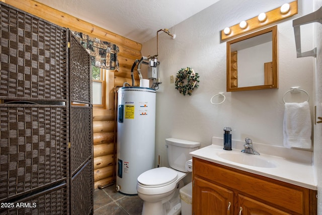 2 Acr 1027 Rd, Greer, AZ 85927 - bathroom featuring log walls, water heater, toilet, vanity, and tile patterned flooring