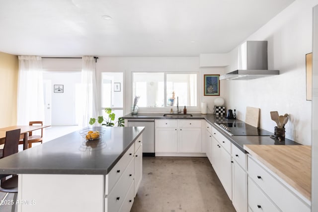 kitchen with dishwasher, sink, white cabinets, black electric cooktop, and wall chimney exhaust hood