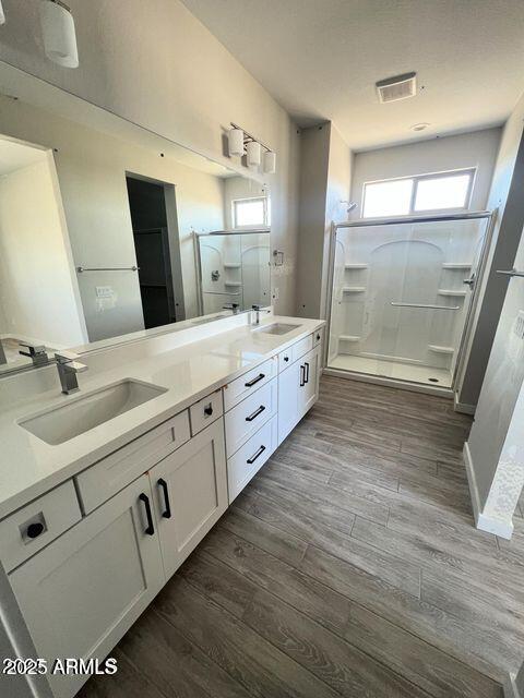 bathroom featuring double vanity, a shower stall, a sink, and wood finished floors