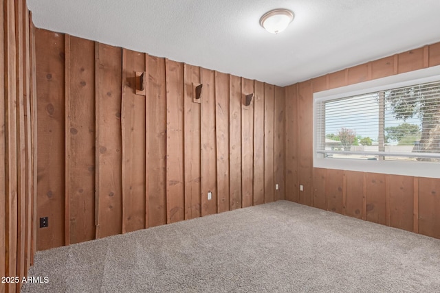 carpeted spare room featuring wood walls