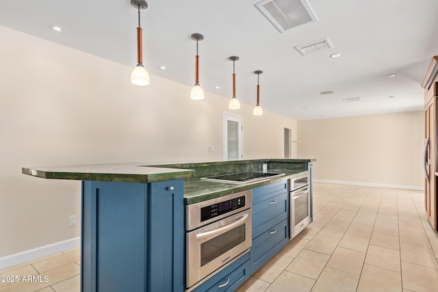 6102 E Aster Dr, Scottsdale, AZ 85254 - kitchen with oven, black electric stovetop, blue cabinets, dark countertops, and light tile patterned flooring