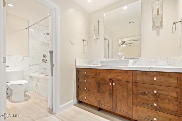 6102 E Aster Dr, Scottsdale, AZ 85254 - full bathroom featuring vanity, ceiling fan, recessed lighting, and a combined bath / shower with marble appearance