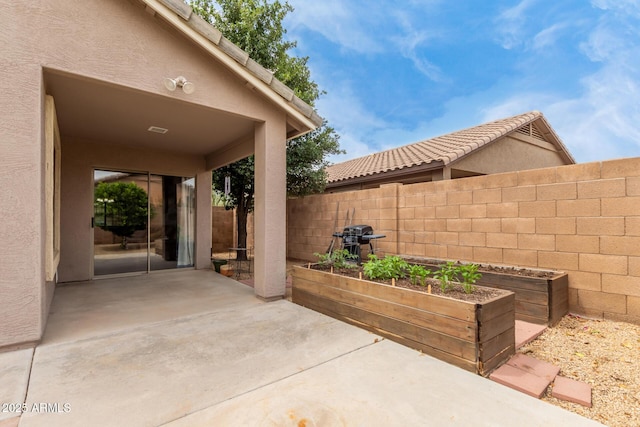 view of patio / terrace featuring a vegetable garden, fence, and area for grilling
