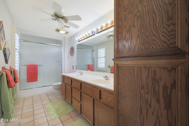 bathroom with vanity, tile patterned flooring, ceiling fan, toilet, and walk in shower