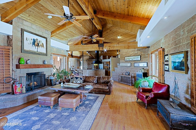 living room with light hardwood / wood-style floors, beam ceiling, a stone fireplace, high vaulted ceiling, and wooden ceiling