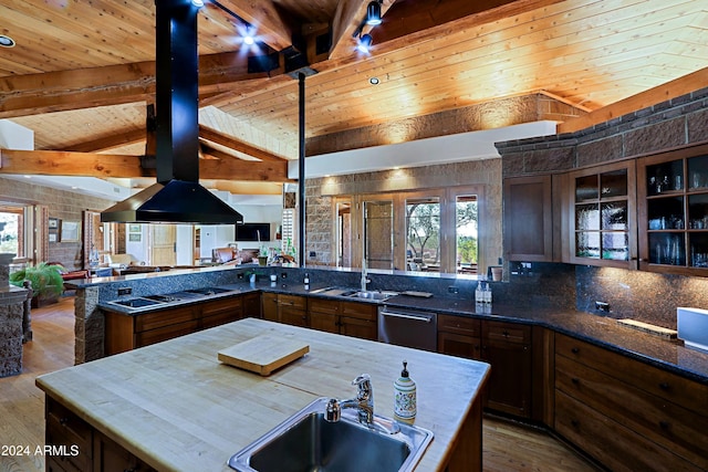 kitchen featuring light hardwood / wood-style floors, wooden ceiling, black electric stovetop, dishwasher, and beamed ceiling