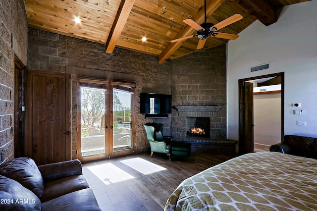 bedroom with wood ceiling, dark wood-type flooring, beamed ceiling, access to outside, and high vaulted ceiling