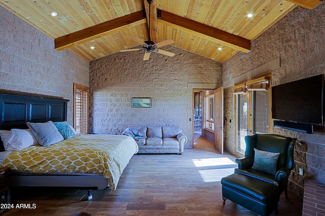 bedroom with hardwood / wood-style flooring, wooden ceiling, high vaulted ceiling, beam ceiling, and multiple windows