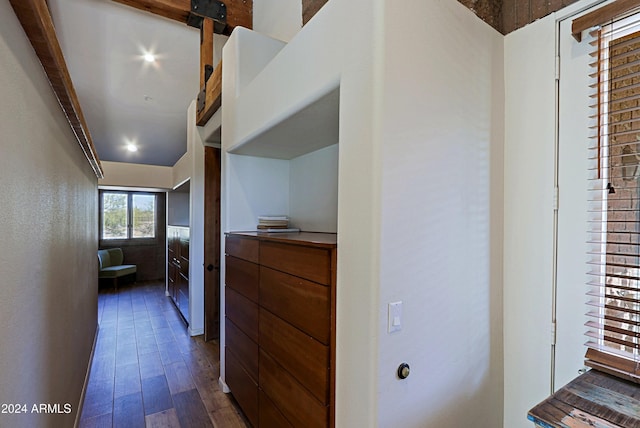 corridor with dark hardwood / wood-style flooring and a barn door