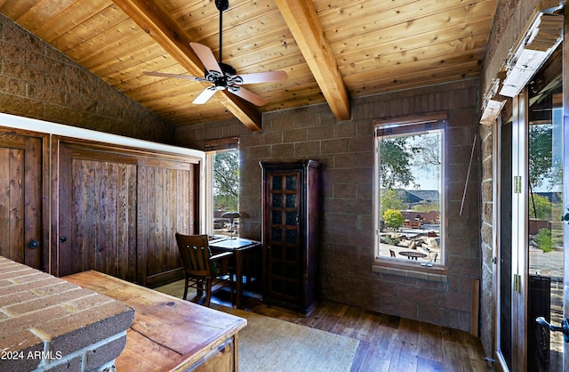 home office featuring dark wood-type flooring, vaulted ceiling with beams, wooden walls, ceiling fan, and wooden ceiling