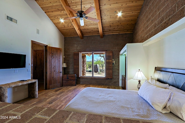 unfurnished bedroom featuring wood ceiling, ceiling fan, access to outside, high vaulted ceiling, and beam ceiling