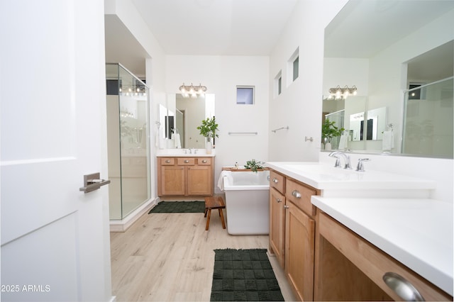 bathroom with hardwood / wood-style floors, vanity, and shower with separate bathtub