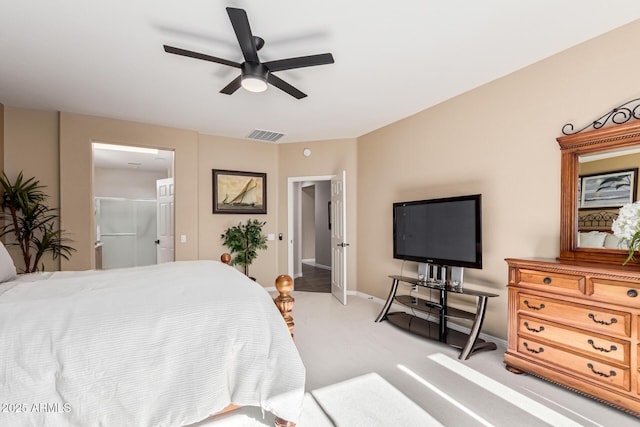 bedroom with ceiling fan and light colored carpet