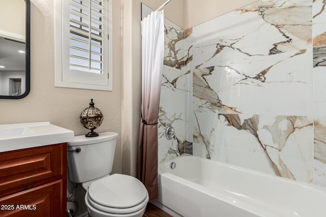 full bathroom featuring vanity, shower / tub combo with curtain, and toilet