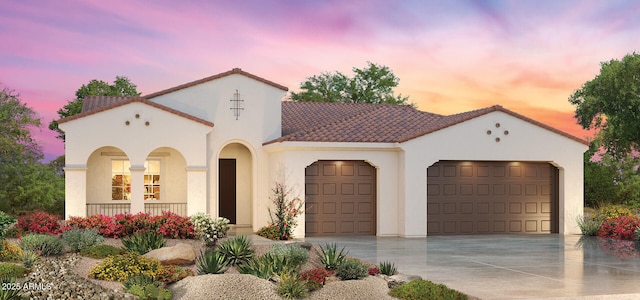 3566 N 166th Dr, Goodyear, AZ 85395 - mediterranean / spanish-style house featuring an attached garage, driveway, a tiled roof, and stucco siding