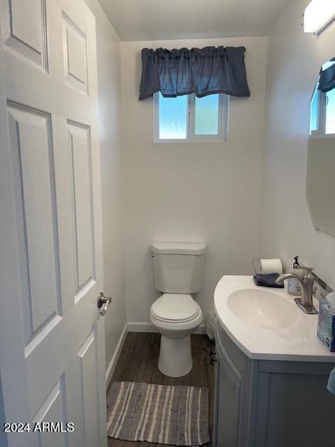 bathroom with vanity, hardwood / wood-style flooring, and toilet