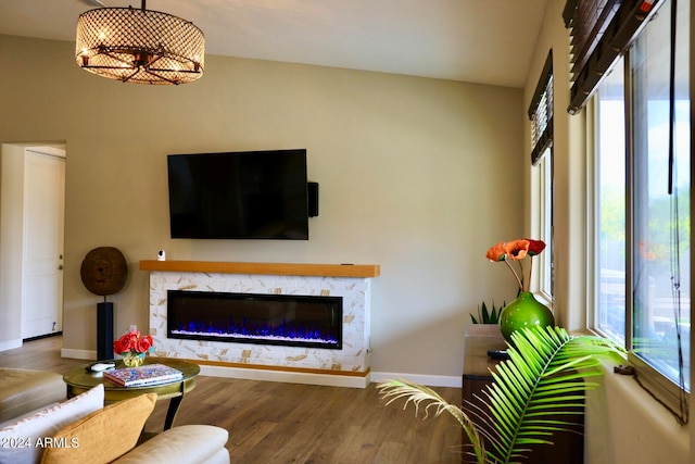 living room featuring hardwood / wood-style floors and a high end fireplace