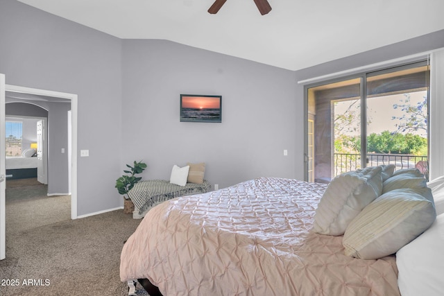 14250 W Wigwam Blvd Unit 2722, Litchfield Park, AZ 85340 - bedroom featuring access to outside, vaulted ceiling, carpet flooring, baseboards, and a ceiling fan