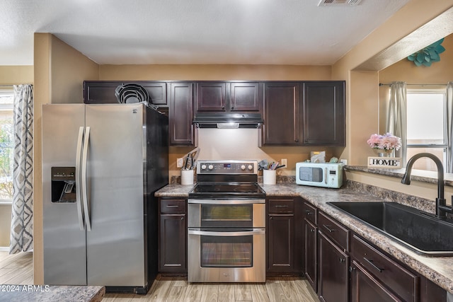 kitchen with sink, dark brown cabinets, stainless steel appliances, and light wood-type flooring