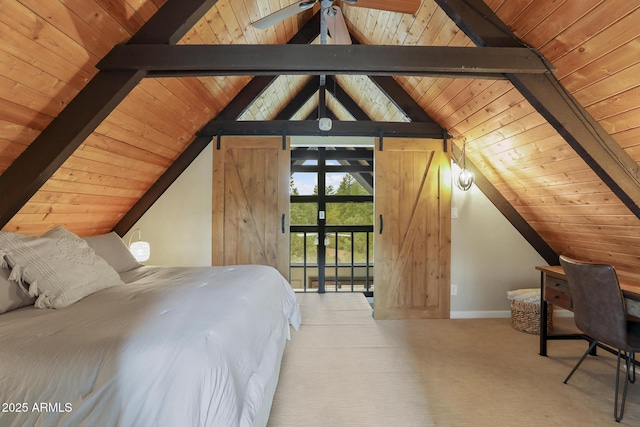 carpeted bedroom featuring vaulted ceiling with beams and wooden ceiling