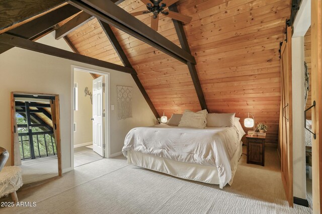 bedroom featuring vaulted ceiling with beams, light carpet, access to outside, and wood walls