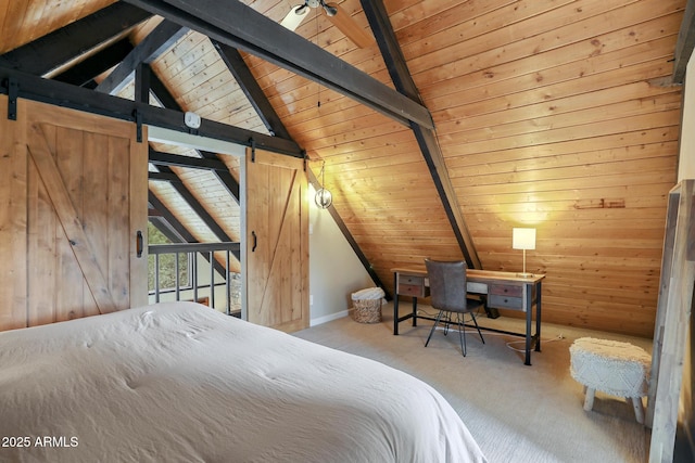 unfurnished bedroom with wood ceiling, vaulted ceiling with beams, wooden walls, light colored carpet, and a barn door