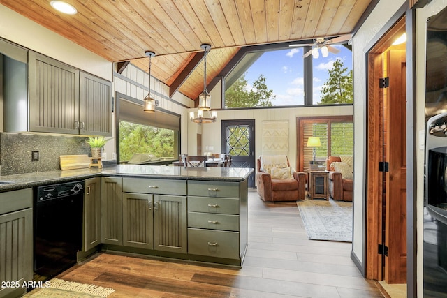 kitchen featuring pendant lighting, wood ceiling, light hardwood / wood-style flooring, dishwasher, and backsplash